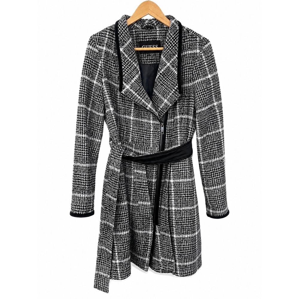 Guess Womens Black White Plaid Wool Blend Asymmetrical Zip Wrap Coat Large L/G